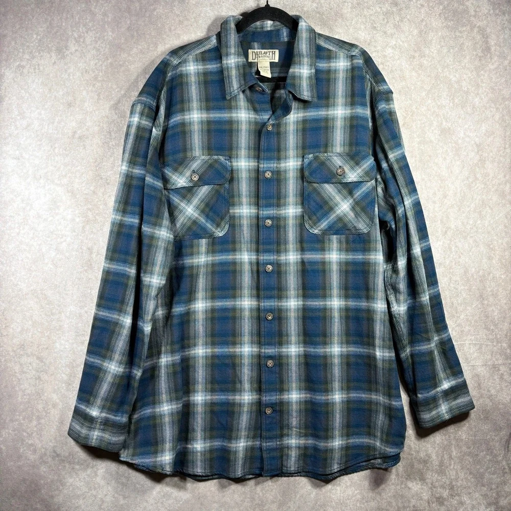 Duluth Trading Co. Shirt Mens Size 2XLT Blue Plaid Flannel Button Up Casual Work